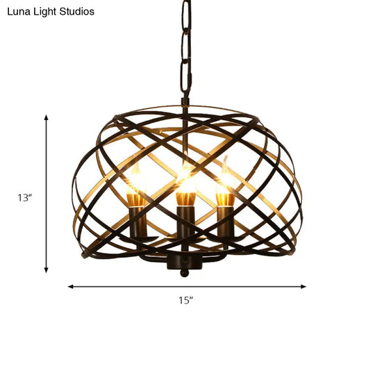 Vintage Open Cage Hanging Light With 3 Candle Chandelier Heads - Stylish & Elegant Black Design