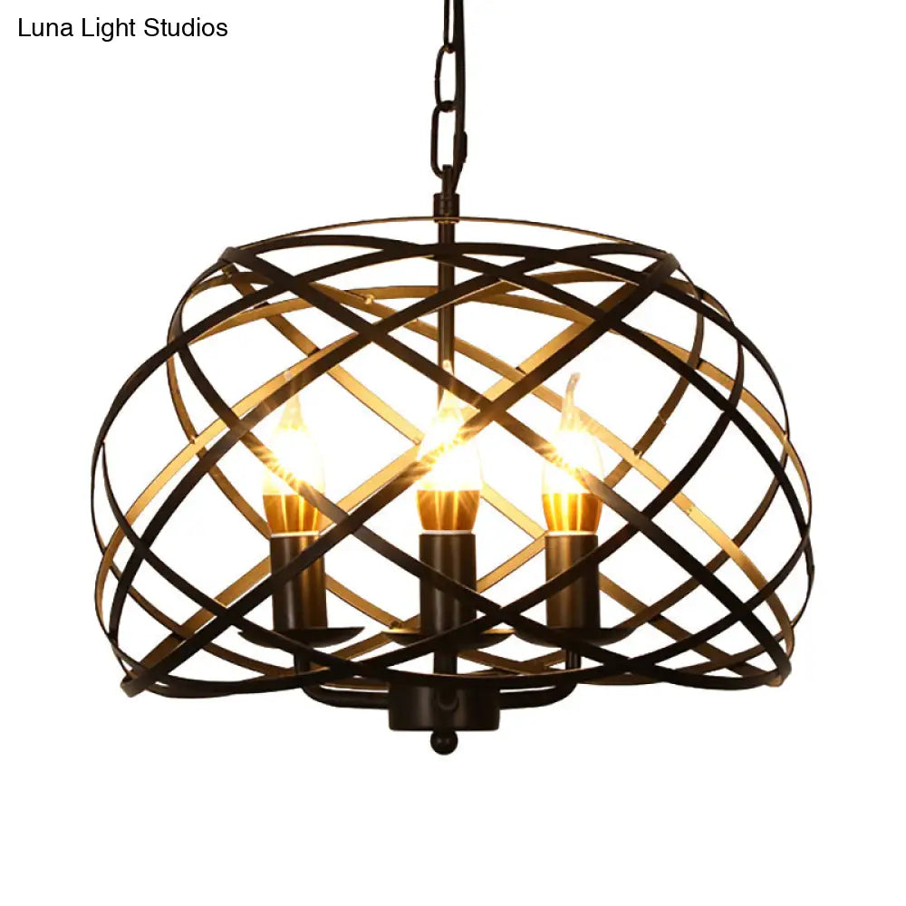 Vintage Open Cage Hanging Light With 3 Candle Chandelier Heads - Stylish & Elegant Black Design