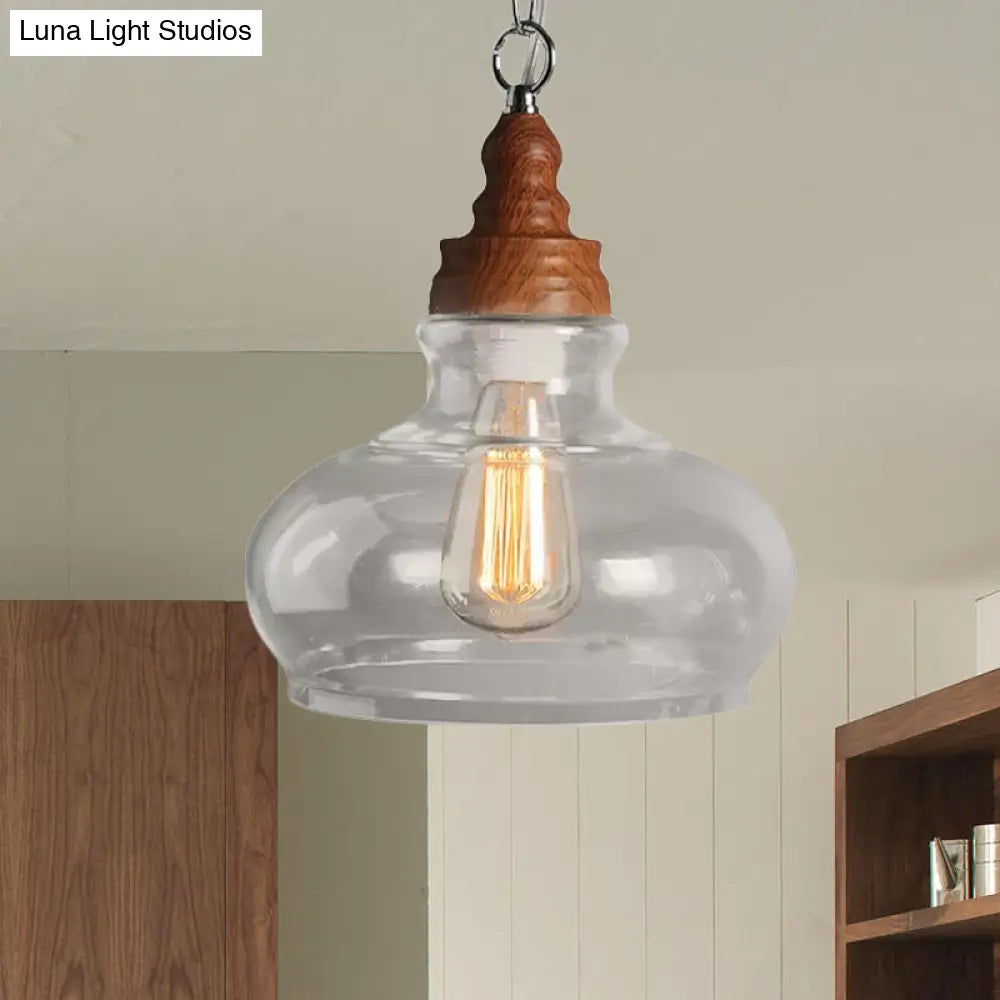 Vintage Oval Wood Pendant Ceiling Light With Clear Glass - Perfect For Dining Room Lighting