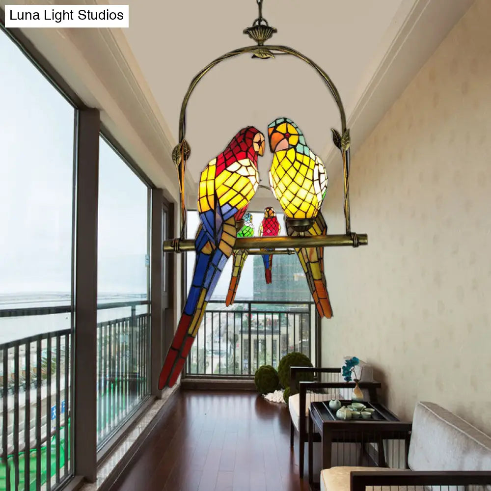 Vintage Parrot Stained Glass Pendant Light For Living Room - Single Chandelier