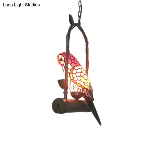 Vintage Parrot Stained Glass Pendant Light For Living Room - Single Chandelier Red