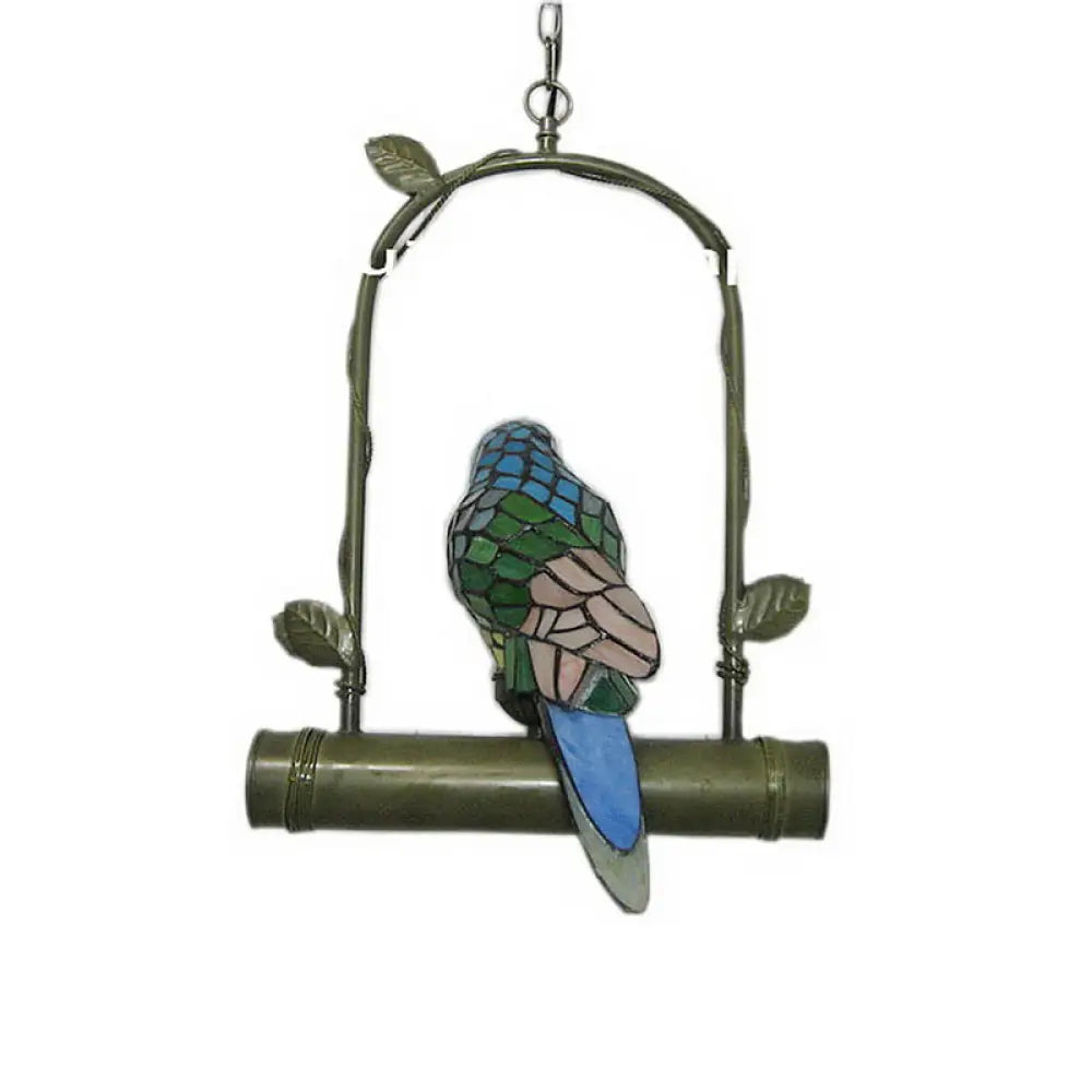 Vintage Parrot Stained Glass Pendant Light - Charming Single Chandelier For Living Room Green