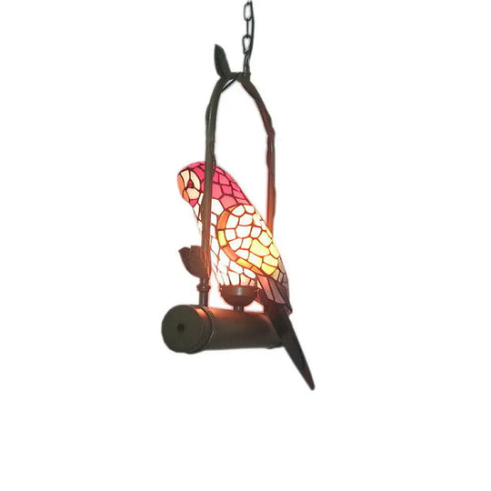 Vintage Parrot Stained Glass Pendant Light - Charming Single Chandelier For Living Room Red
