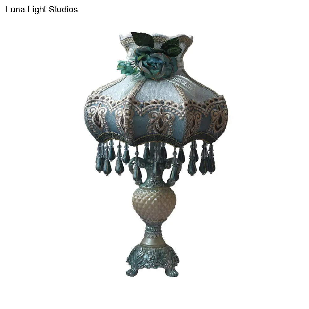 Vintage Peacock Blue Vase Night Light With Fabric Shade - Resin Nightstand Lighting (1 Bulb)