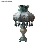Vintage Peacock Blue Vase Night Light With Fabric Shade - Resin Nightstand Lighting (1 Bulb)
