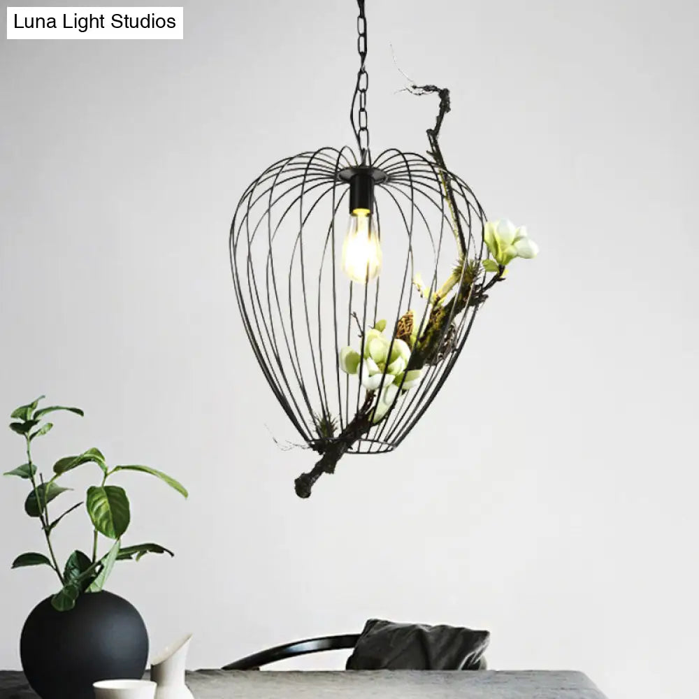 Vintage Pear Cage Iron Suspension Lamp - 1 Bulb Down Lighting Pendant Black 15/18 W Ideal For Study