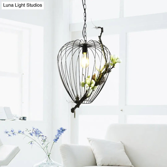 Vintage Pear Cage Iron Suspension Lamp - 1 Bulb Study Room Pendant Black 15’/18’ Width