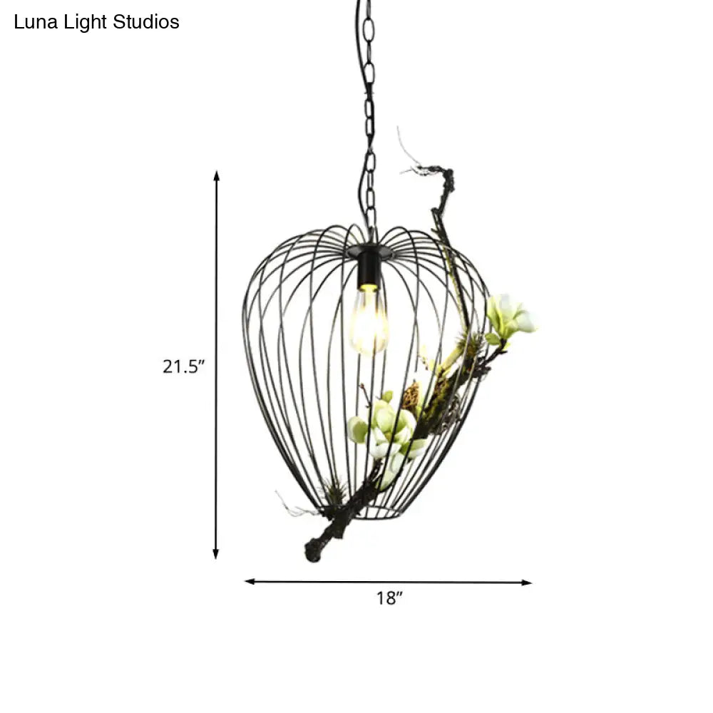 Vintage Pear Cage Iron Suspension Lamp - 1 Bulb Down Lighting Pendant Black 15/18 W Ideal For Study