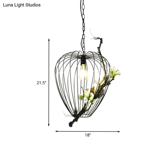Vintage Pear Cage Iron Suspension Lamp - 1 Bulb Study Room Pendant Black 15’/18’ Width