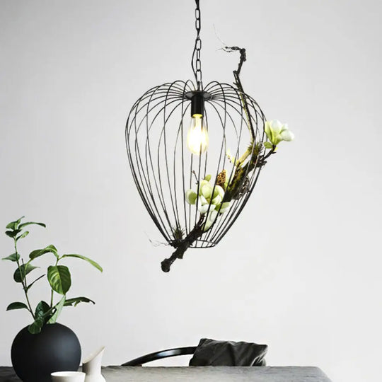 Vintage Pear Cage Iron Suspension Lamp - 1 Bulb Study Room Pendant Black 15’/18’ Width / 15’