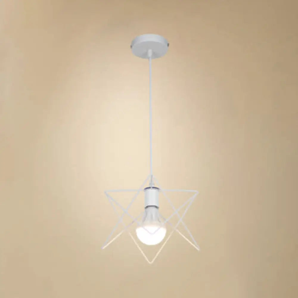 Vintage Pendant Light With Wire Frame Star Shade & White Finish - Bedroom Suspension Lighting