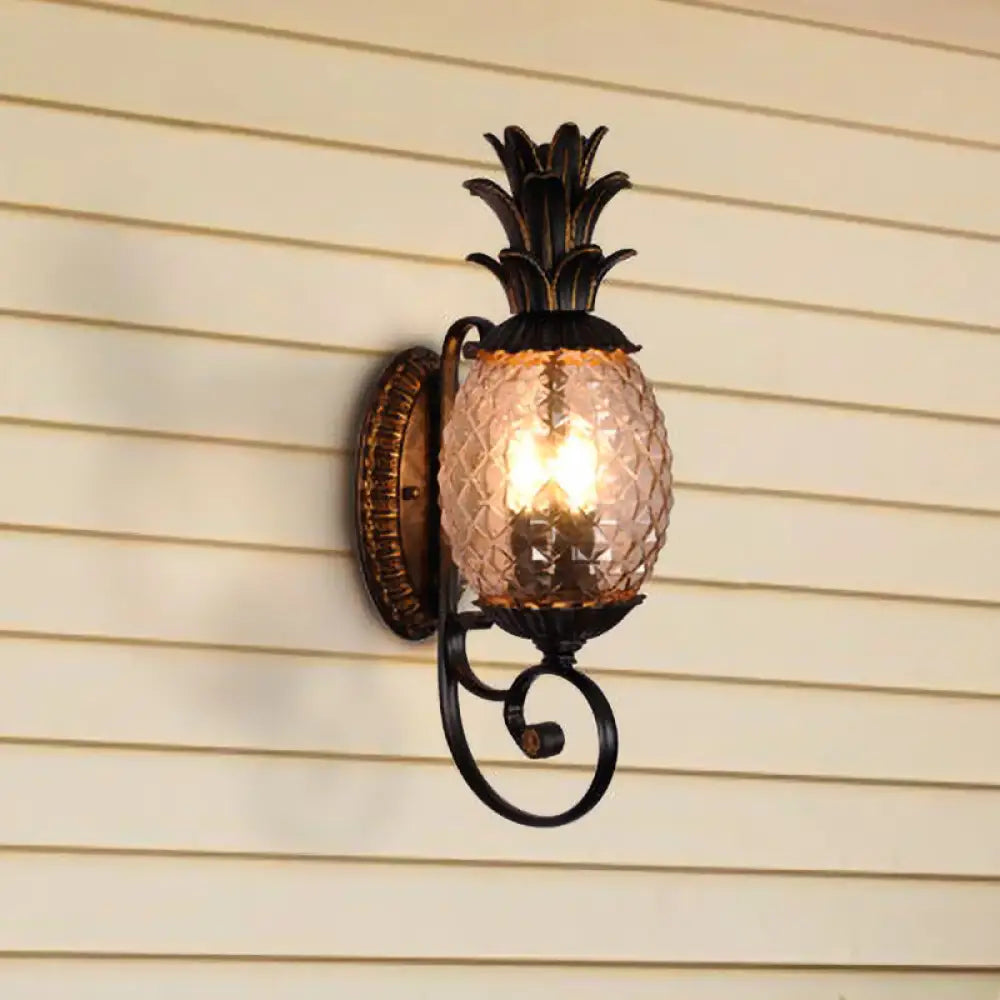 Vintage Pineapple Glass Wall Sconce With Swirled Arm - Black 3-Light Mount