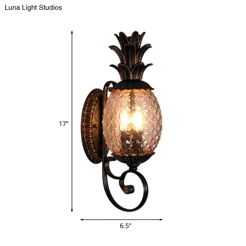 Vintage Pineapple Glass Wall Sconce With Swirled Arm - Black 3-Light Mount