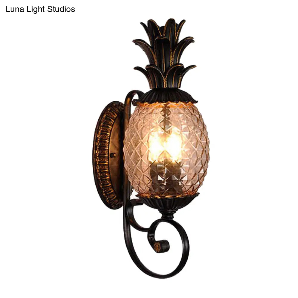 Vintage Pineapple Glass Wall Sconce With Swirled Arm - Black 3-Light Mount