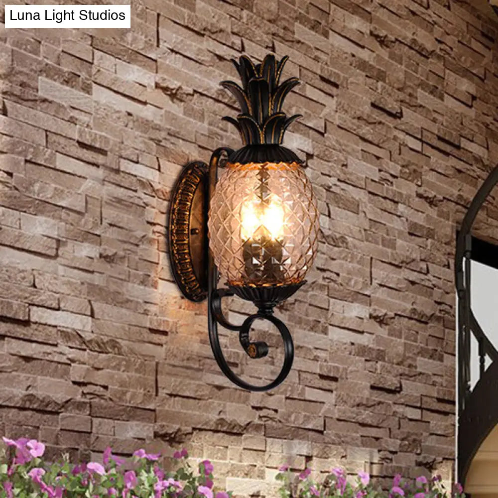Vintage Pineapple Outdoor Wall Lamp - Brass Mount Light With Smoke Gray Ribbed Glass And 1-Bulb