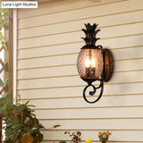 Vintage Pineapple Outdoor Wall Lamp - Brass Mount Light With Smoke Gray Ribbed Glass And 1-Bulb