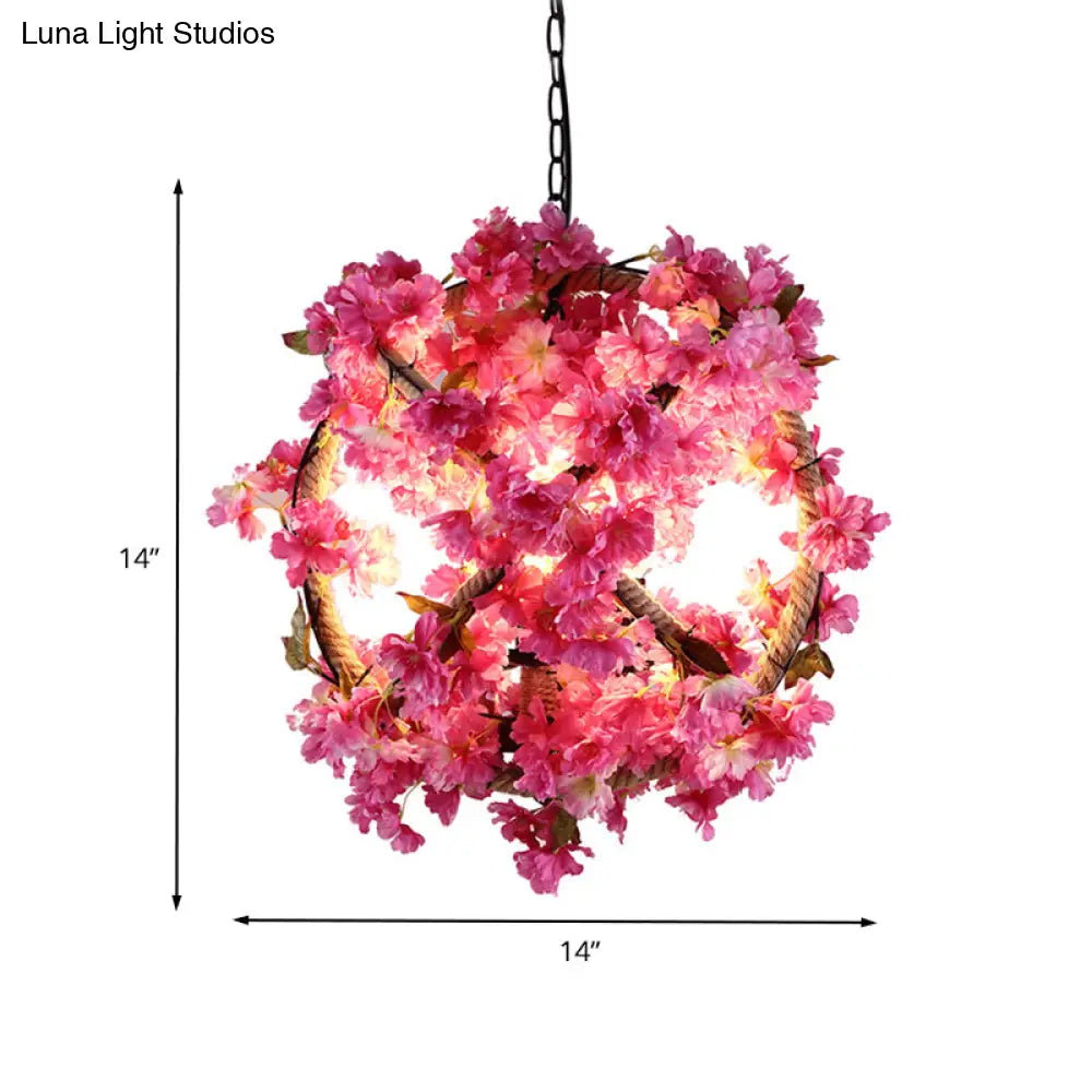 Retro Pink Ball Pendant Light With Flower Decoration Led Ceiling Lamp For Restaurants - 14/18/19.5