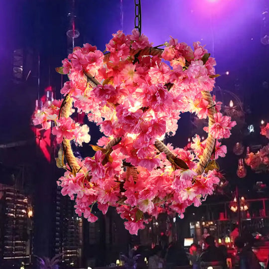 Vintage Pink Ball Pendant Light With Flower Decor For Restaurant - Led Ceiling Lamp