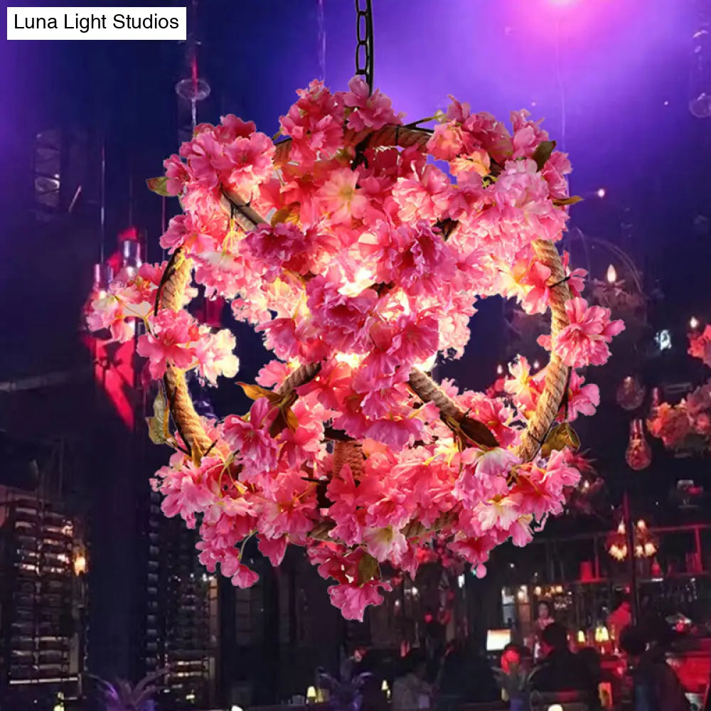 Retro Pink Ball Pendant Light With Flower Decoration Led Ceiling Lamp For Restaurants - 14/18/19.5
