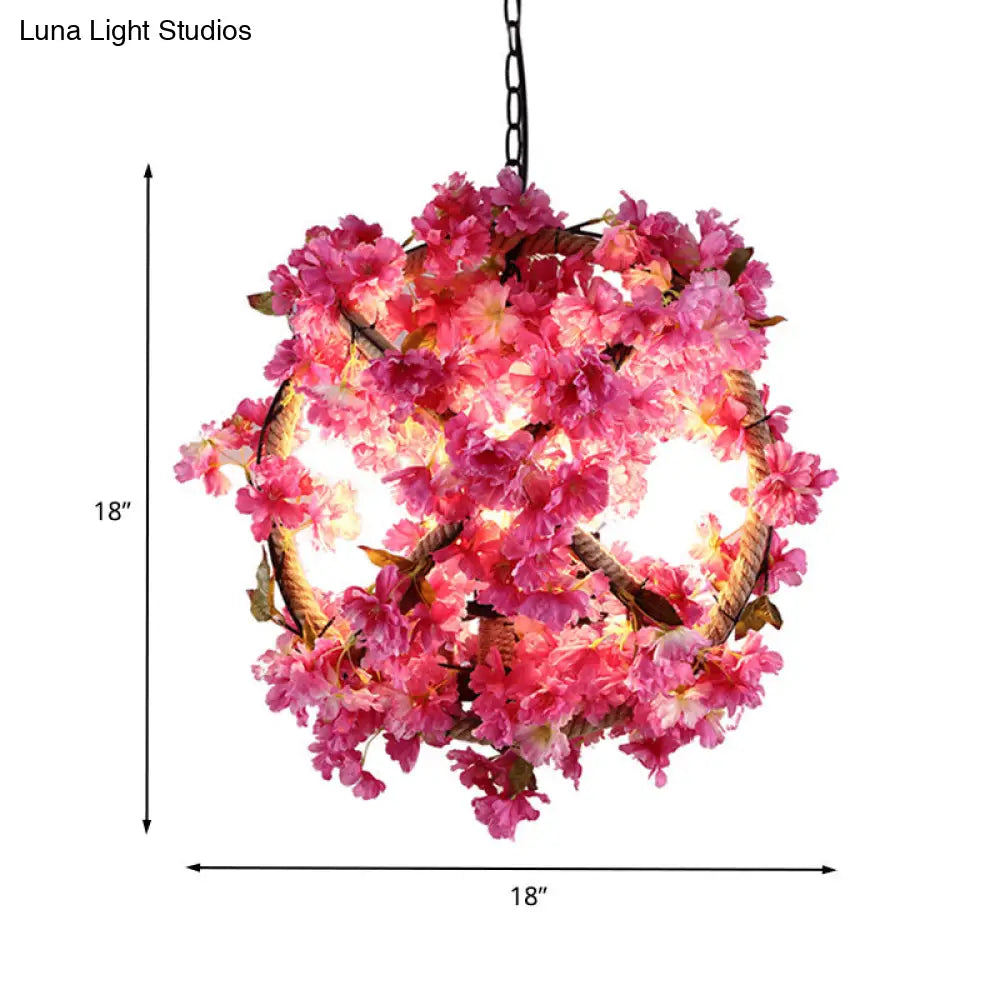 Retro Pink Ball Pendant Light With Flower Decoration Led Ceiling Lamp For Restaurants - 14/18/19.5