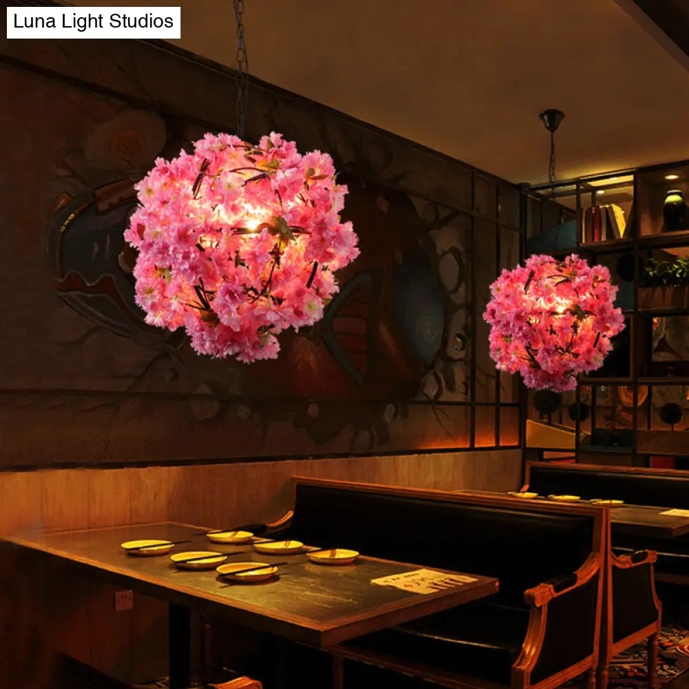 Vintage Pink Metal Led Hanging Pendant Flower Bulb Ceiling Fixture For Restaurants
