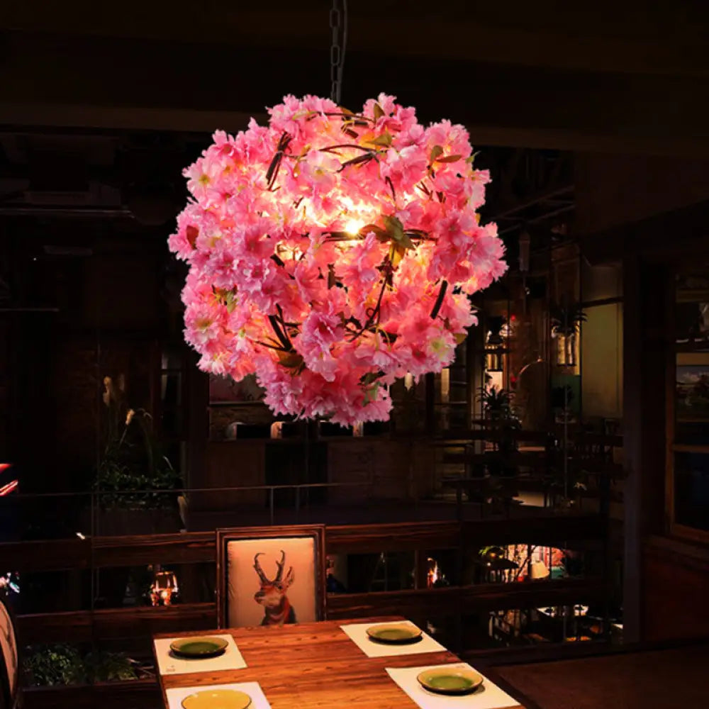 Vintage Pink Metal Led Hanging Pendant Flower Bulb Ceiling Fixture For Restaurants