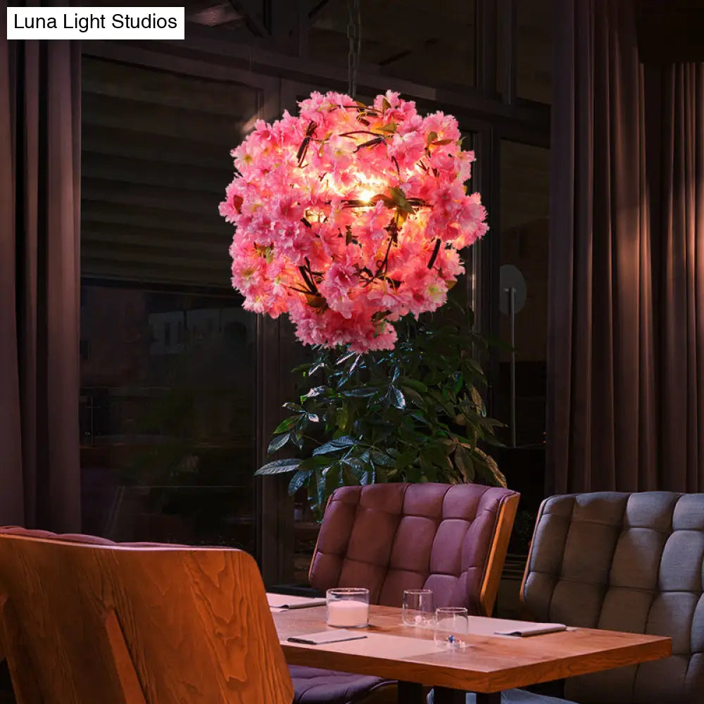 Vintage Pink Metal Pendant Lamp With Floral Decoration - 1-Light Globe Fixture