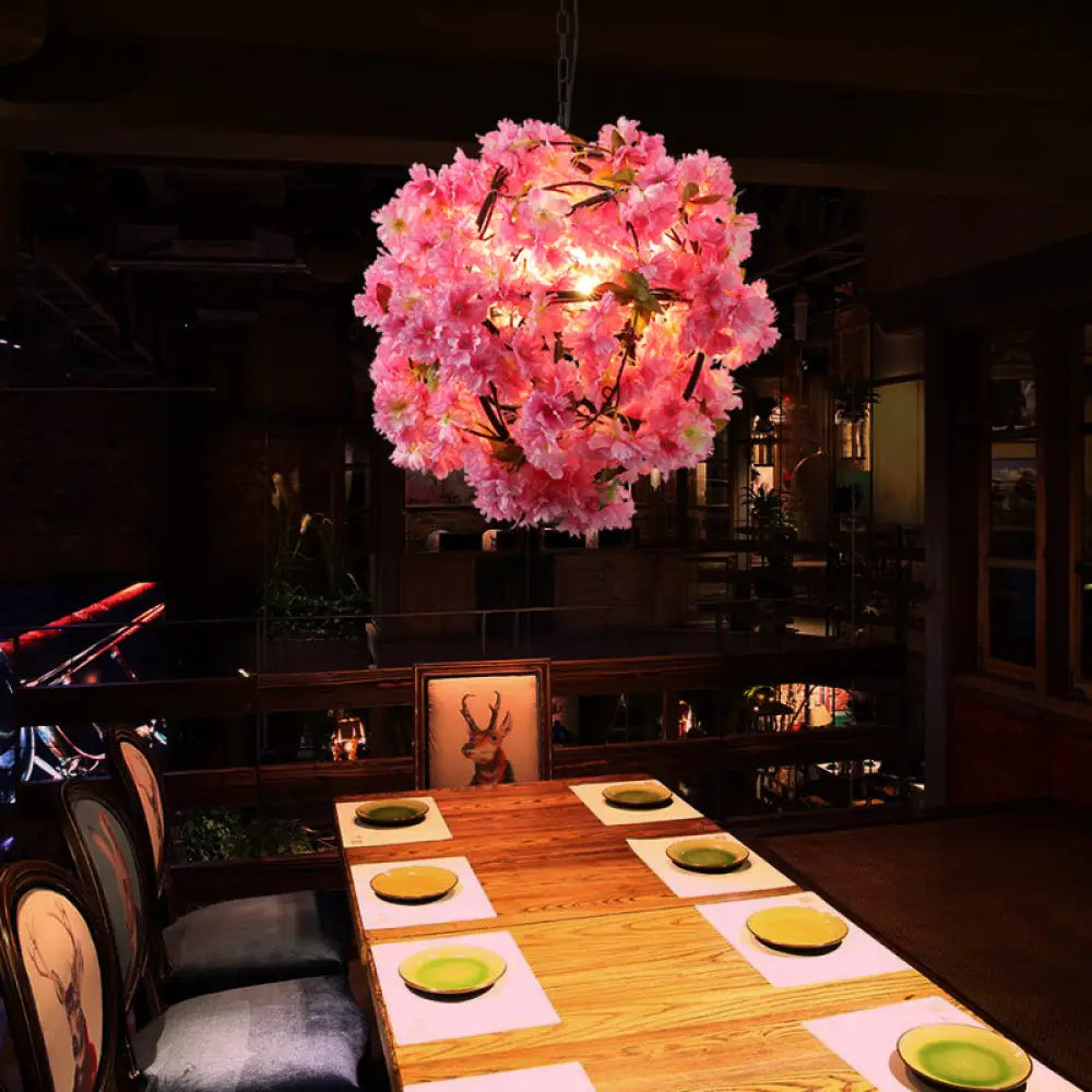 Vintage Pink Metal Pendant Light With Floral Design – 1-Light Hanging Lamp