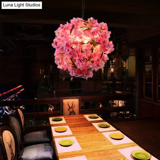 Vintage Pink Metal Pendant Lamp With Floral Decoration - 1-Light Globe Fixture