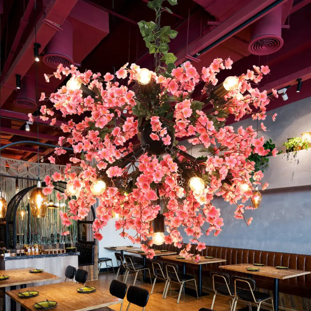 Vintage Pink Starburst Iron Ceiling Light With Cherry Blossom Decor - 13 Heads Restaurant