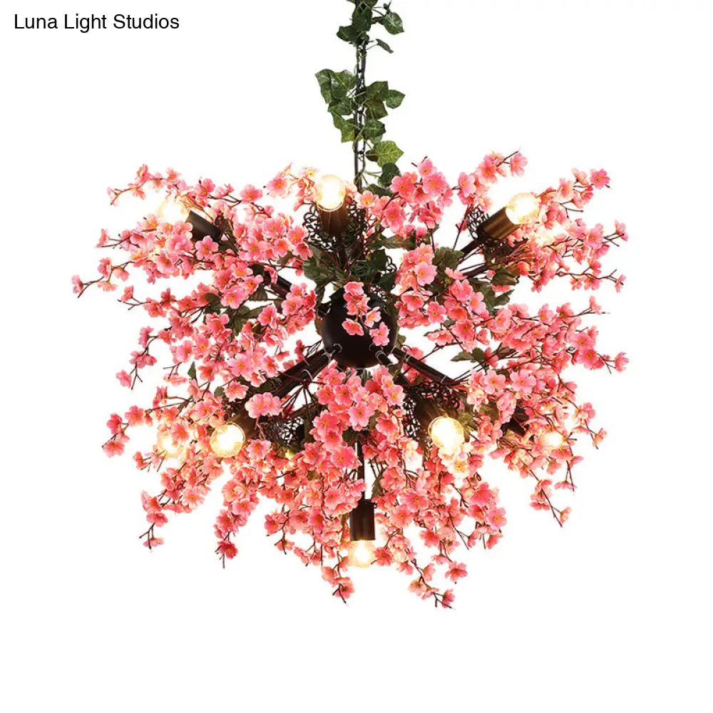 Vintage Pink Starburst Iron Ceiling Light With Cherry Blossom Decor - 13 Heads Restaurant