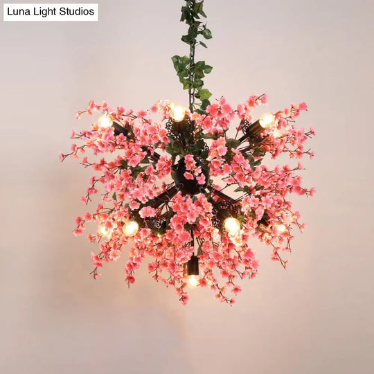 Vintage Pink Starburst Restaurant Chandelier With Cherry Blossom Decor - 13-Head Iron Ceiling
