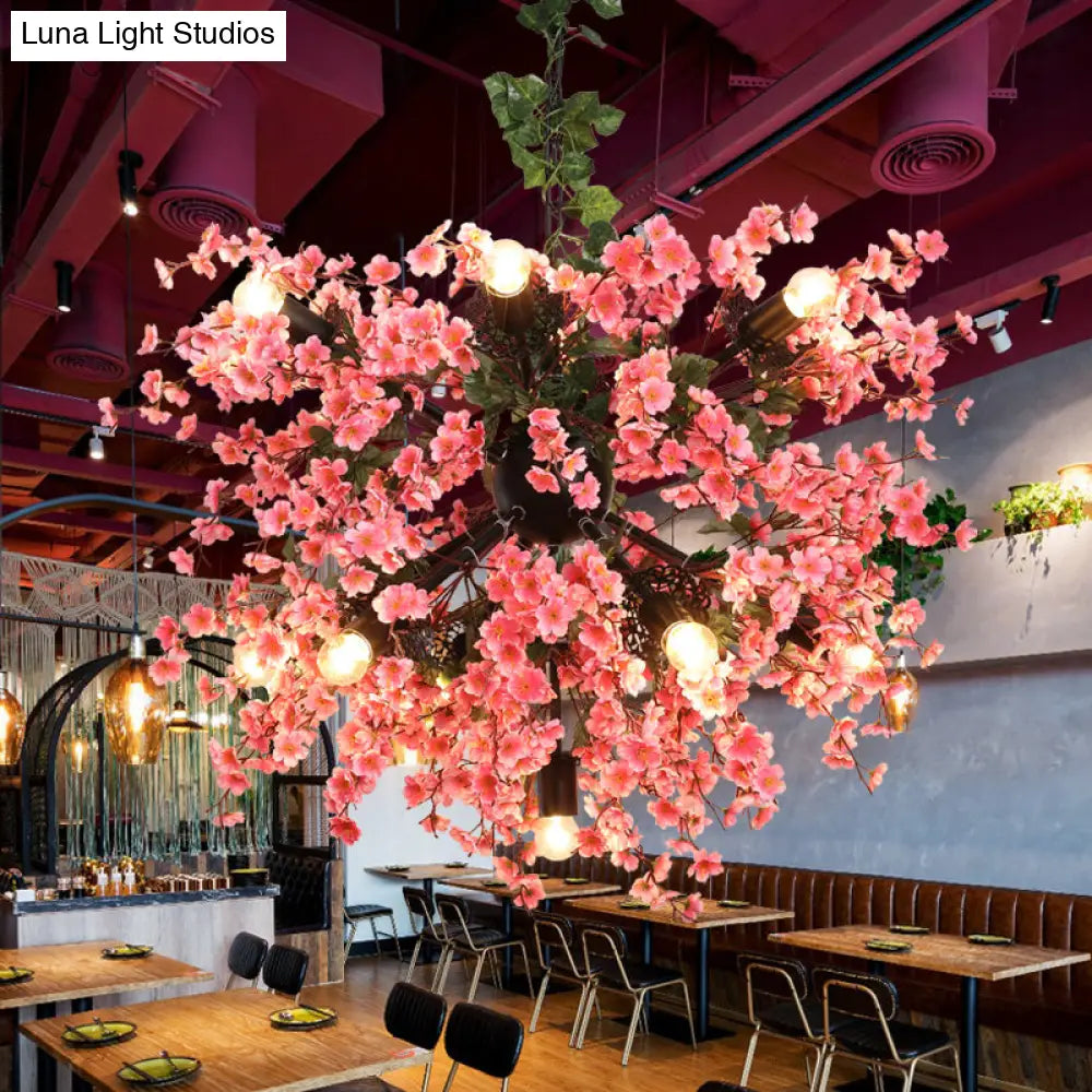 Vintage Pink Starburst Iron Ceiling Light With Cherry Blossom Decor - 13 Heads Restaurant