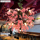 Vintage Pink Starburst Iron Ceiling Light With Cherry Blossom Decor - 13 Heads Restaurant