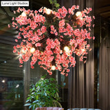 Vintage Pink Starburst Iron Ceiling Light With Cherry Blossom Decor - 13 Heads Restaurant