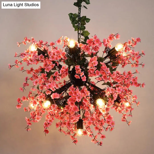 Vintage Pink Starburst Restaurant Chandelier With Cherry Blossom Decor - 13-Head Iron Ceiling