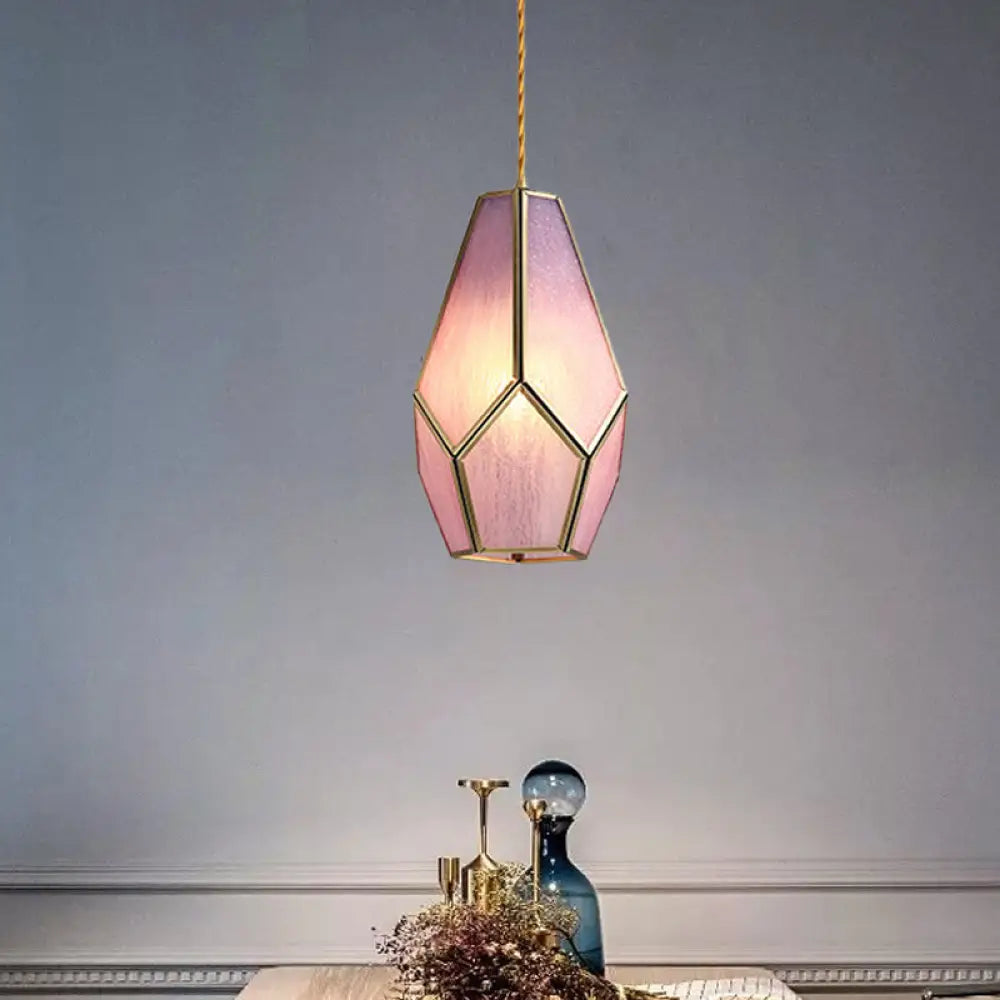 Vintage Pink Textured Glass Gem Hanging Lamp With Brass Drop Pendant Light - 1 Bulb