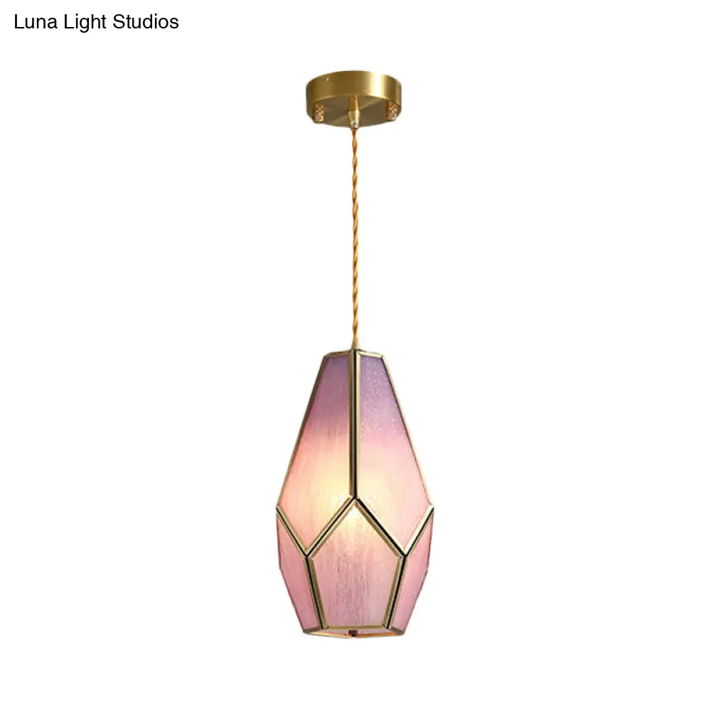 Vintage Pink Textured Glass Gem Hanging Lamp With Brass Drop Pendant Light - 1 Bulb