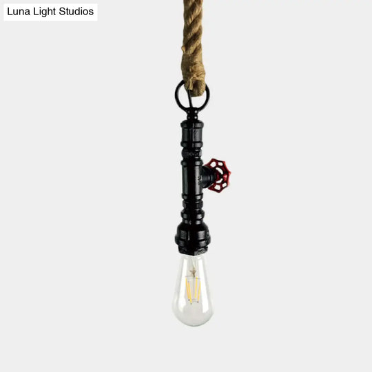 Vintage 1-Bulb Pipe & Valve Pendant Light Bar Lamp - Black/Silver/Copper With Rope Cord