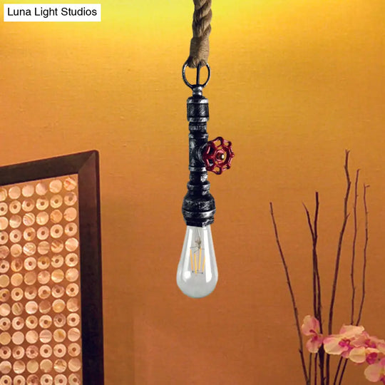 Vintage 1-Bulb Pipe & Valve Pendant Light Bar Lamp - Black/Silver/Copper With Rope Cord Silver