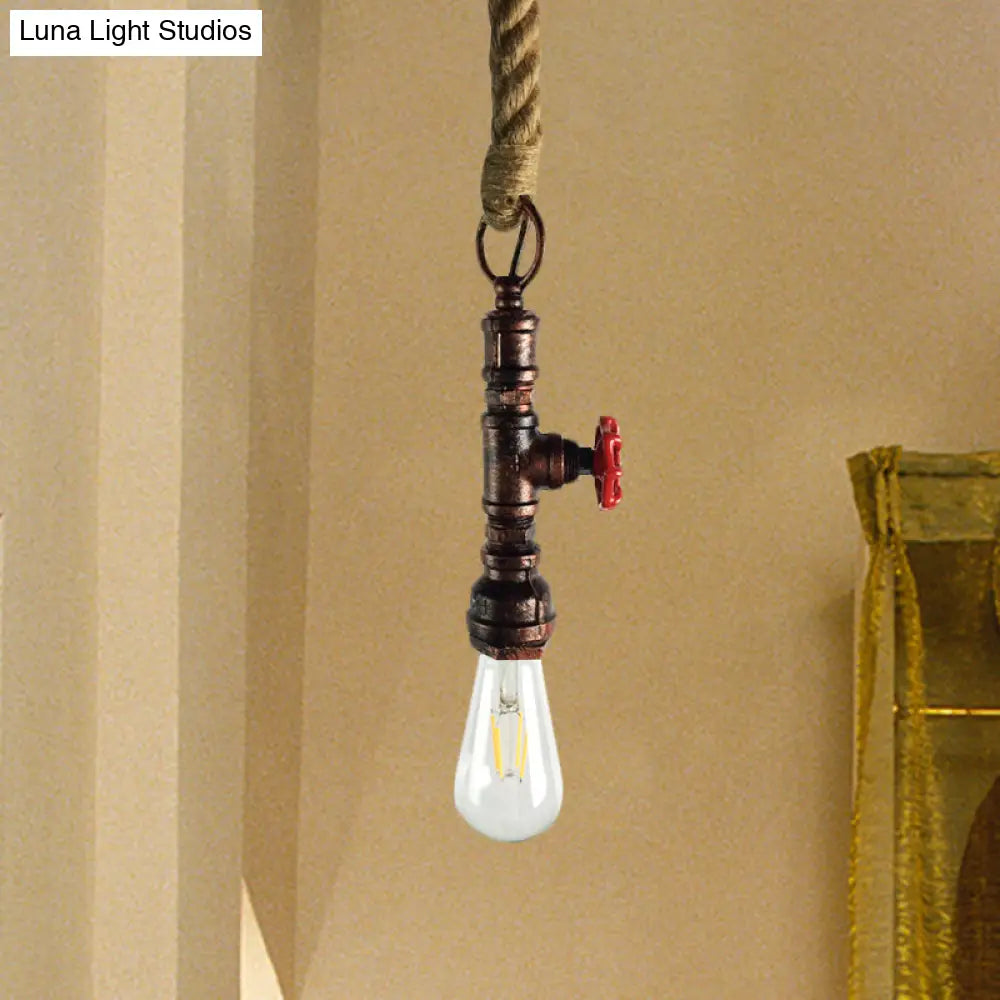 Vintage 1-Bulb Pipe & Valve Pendant Light Bar Lamp - Black/Silver/Copper With Rope Cord Copper
