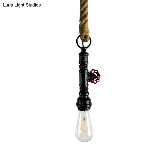 Vintage 1-Bulb Pipe & Valve Pendant Light Bar Lamp - Black/Silver/Copper With Rope Cord