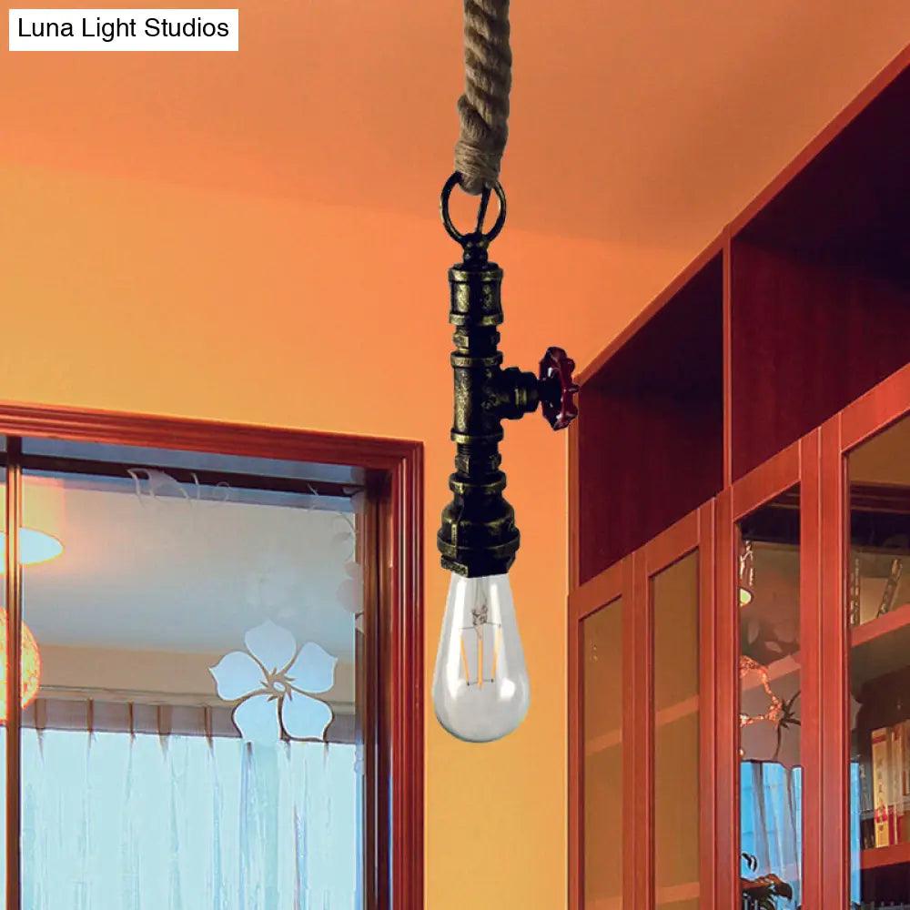 Vintage 1-Bulb Pipe & Valve Pendant Light Bar Lamp - Black/Silver/Copper With Rope Cord Gold