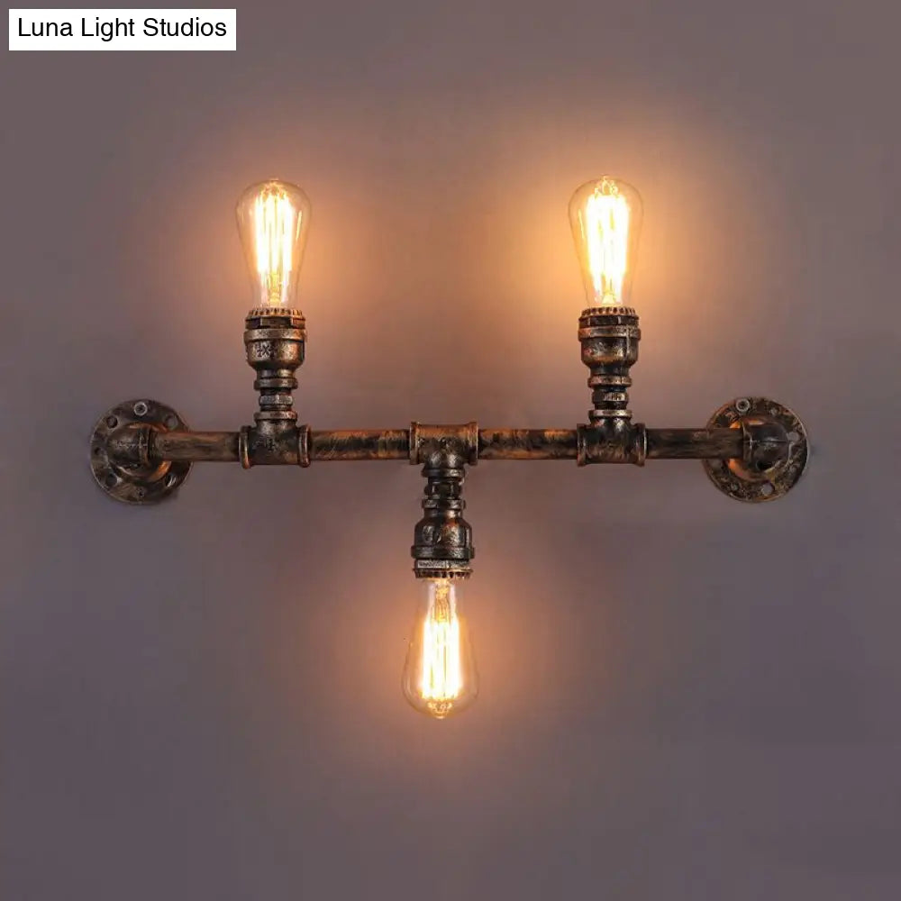 Vintage Pipe Design Metal Wall Sconce - 3 Bulb Living Room Light In Bronze