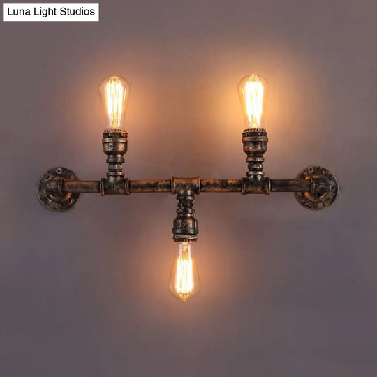 Vintage Pipe Design Metal Wall Sconce - 3 Bulb Living Room Light In Bronze