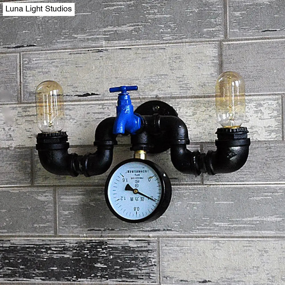 Vintage Pipe Wall Lamp With Pressure Gauge And Faucet Accent - 2 Light Metal Sconce In Black