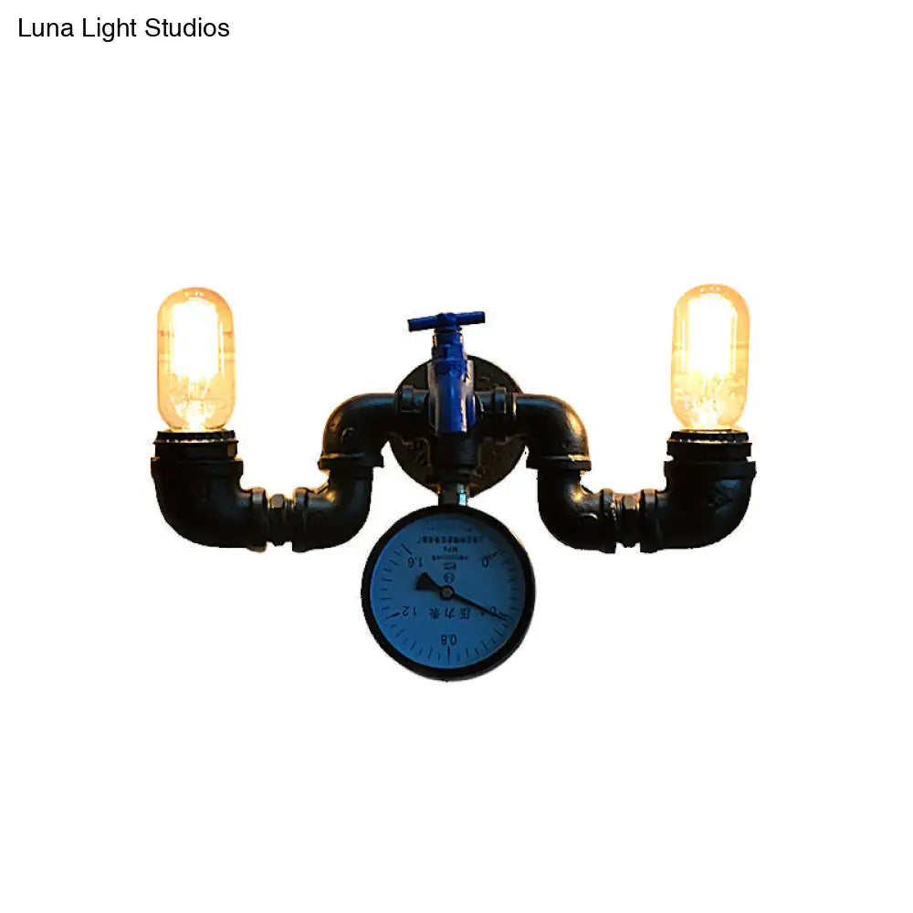 Vintage Pipe Wall Lamp With Pressure Gauge And Faucet Accent - 2 Light Metal Sconce In Black