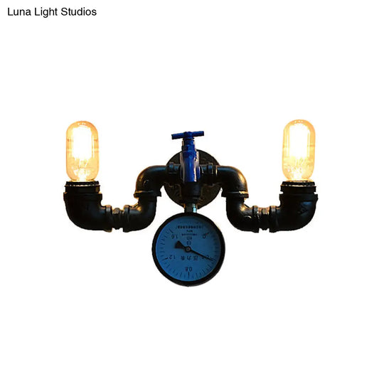 Vintage Pipe Wall Lamp With Pressure Gauge And Faucet Accent - 2 Light Metal Sconce In Black