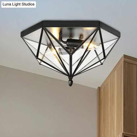 Vintage Polyhedron Clear Glass Ceiling Light - Single Bulb Flushmount In Black For Foyer