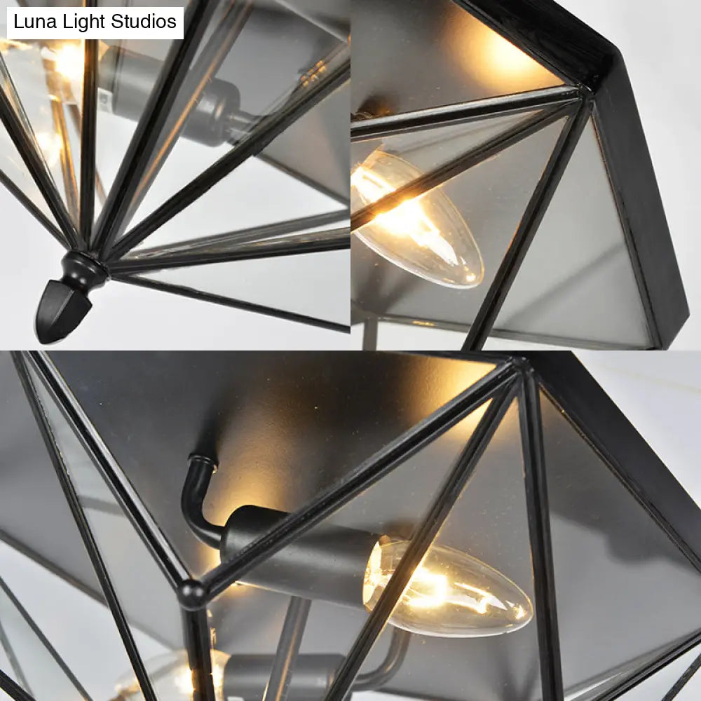 Vintage Polyhedron Clear Glass Ceiling Light - Single Bulb Flushmount In Black For Foyer